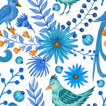 Hand painted markers bright herbal yellow and blue seamless pattern with birds of happiness