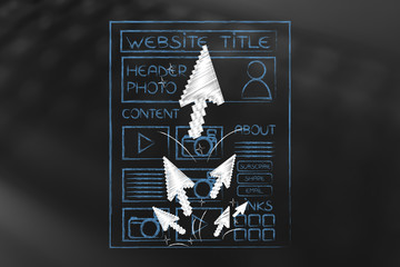 mouse pointers spreading across a webpage, clickstream concept