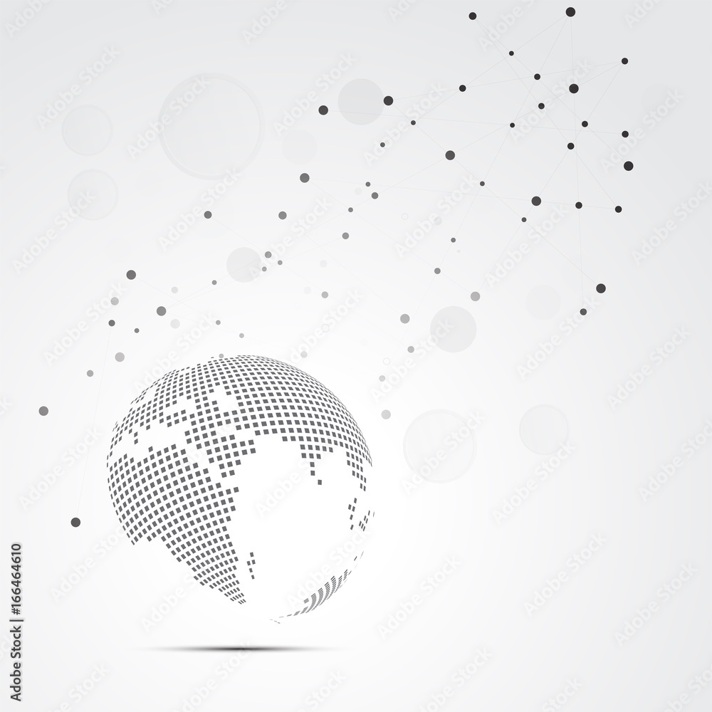 Poster White and gray abstract background. concept of telecommunication with connection line and globe.  Vector molecule connect with halftone planet.
