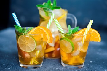 Delicious and chilled lemonade with ice and mint