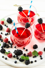 Fruit tea with blackberry, blueberry and raspberry decorated mint leaves on wooden desk. Selective focus