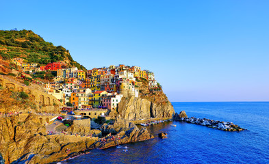 Fototapeta na wymiar View of the Manarola village along the coastline of Cinque Terre area in Italy.