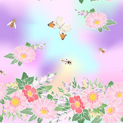 Floral seamless pattern with butterflies and bees in realistic botanical style.  Stock vector illustration. In vanilla pastel colors