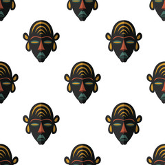 African mask seamless pattern vector illustration background. Flat icon. Ritual symbol.