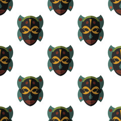 Fototapeta premium African mask seamless pattern vector illustration background. Flat icon. Ritual symbol.