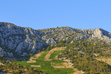 Fototapeta na wymiar Rocks and mountains of Hvar island. Hvar island is popular touristic destination at Croatian coast.