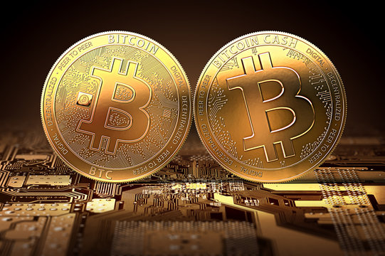 New Bitcoin Cash clashing with classic Bitcoin after the split. 3D Illustration. Bitcoin split concept