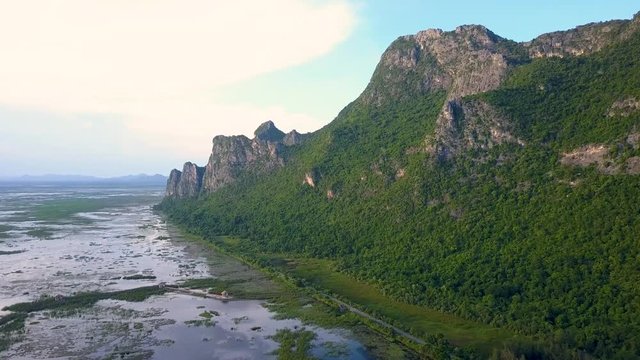 Aerial Drone View of Sam Roi Yot Mountain National Park in Kui Buri District, Prachuap Khiri Khan Province, Thailand
