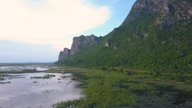 Aerial Drone View of Sam Roi Yot Mountain National Park in Kui Buri District, Prachuap Khiri Khan Province, Thailand
