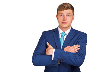 Friendly and smiling businessman looking at camera, isolated on white background.