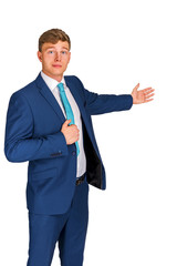 Side view of a happy business man welcoming you while smiling, on white background