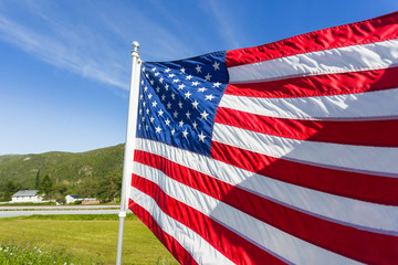 Flag of the United States of America (American flag or The Stars and Stripes, Old Glory, The Star-Spangled Banner) waving in the wind against summer forest landscape in sunny day.