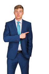 Businessman pointing his index finger at copy space, isolated over white