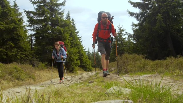 Hiking couple: two hikers (man and woman) walking together on the trail with backpacks, european woodlands, czechia
