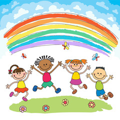Kids jumping with joy on a hill under rainbow, colorful cartoon