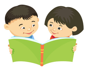 Cartoon kids reading book vector Asiatic