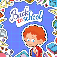 banner back to school boy pupil lettering logo vector