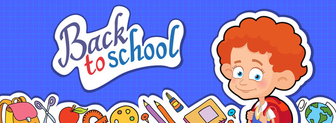 banner back to school boy pupil lettering logo vector