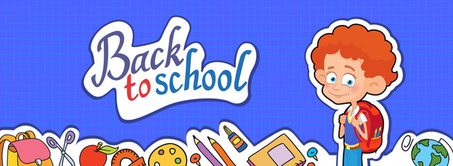 banner back to school boy pupil lettering logo vector