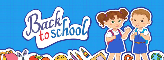 banner back to school boy girl pupil lettering logo vector