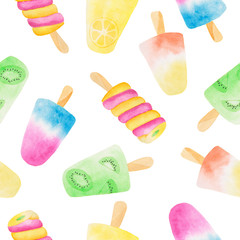 Seamless pattern with watercolor popsicles on white background.