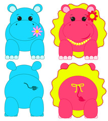 Nilpferde, Junge und Mädchen, Hippopotamus, süße Nilpferd-babys, beidseitig, gespiegelt, Kinderillustration