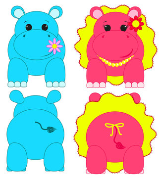 Nilpferde, Junge und Mädchen, Hippopotamus, süße Nilpferd-babys, beidseitig, gespiegelt, Kinderillustration