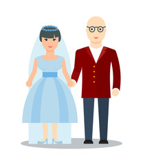 Happy young wedding couple icon vector illustration isolated on white background. Happy bride and groom couple. People relationship, family concept in flat design.