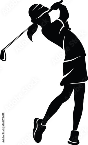Highlighted Silhouette Of A Girl Golfer Swinging An Iron