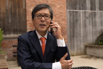 Asian businessman talking on a cell phone
