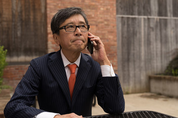 Asian businessman talking on a cell phone

