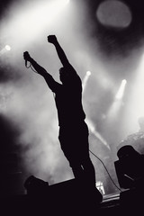 Artist in stage lights holding a microphone © salajean