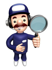 3D Engineer Mascot is holding a Magnifying Glass.