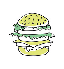 American fast food, hamburger hand drawn icon isolated on white background vector illustration. American ethnic culture element, traditional symbol.