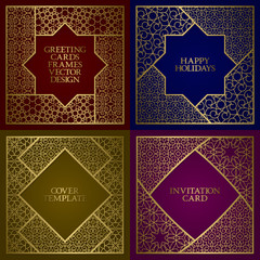 Greeting cards golden frames set. Vintage design of template in asian traditional style.