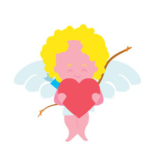 Funny cupid with heart character isolated icon. Happy valentine day symbol, lovely romantic angel vector illustration.