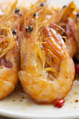 Delicious seafood shrimp closeup on a plate.
