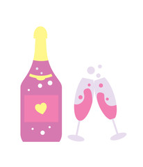 Happy valentine day isolated icon with champagne bottle. Love and wedding romantic symbol, just married hand drawn vector illustration.