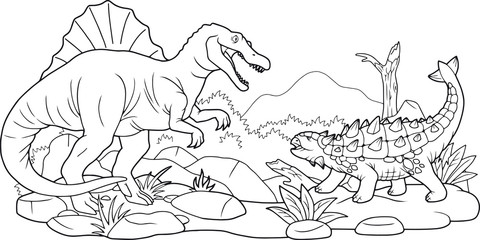 cartoon dino battle, coloring book © fargon