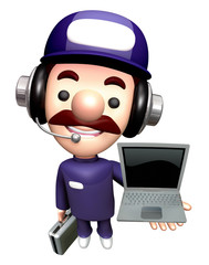 3D Repair Person Mascot is holding a Laptop.