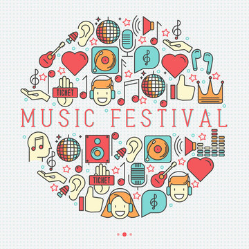 Music festival concept in circle with thin line icons DJ in headphones, vinyl player, disco ball, microphone, tickets. Vector illustration for banner, web page, flyer.