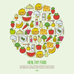 Organic food concept in circle with thin line icons of fresh natural products, vegetarian groceries. Vector illustration for banner, web page about healthy nutrition.