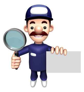 3D Service Character is holding the Magnifier and Business Card.