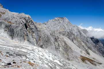 Fototapeta na wymiar Glacier on Jade dragon snow mountain and fog
