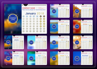 Wall or Desk Monthly Calendar for Year 2018. Vector Design Template with Space for Photo and Corporate elements. Landscape Orientation. Set of 12 Months. Week starts monday. 