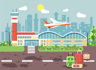 Vector illustration cartoon bags and suitcases standing at airport, late delay departing plane, awaiting for travel trip holiday weekend flat style city background for motion design site banner