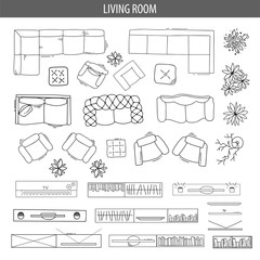 Set of linear icons for Interior top view plans