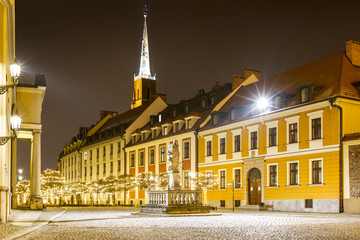 Night photo of illuminated Ostrów Tumski, Wroclaw, Poland