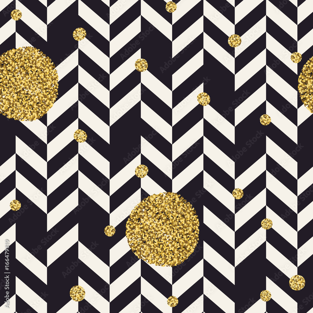 Aufkleber chevron black pattern and golden chaotic dots. seamless pattern design background.
