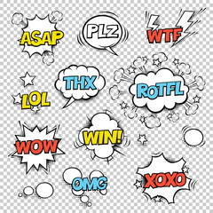 Thx, ASAP, PLZ, WTF, LOL, ROTFL, WOW, WIN, OMG, XOXO. Comic speech bubbles set. Halftones, stars and other elements in separated layers. Colorful design on transparent background.